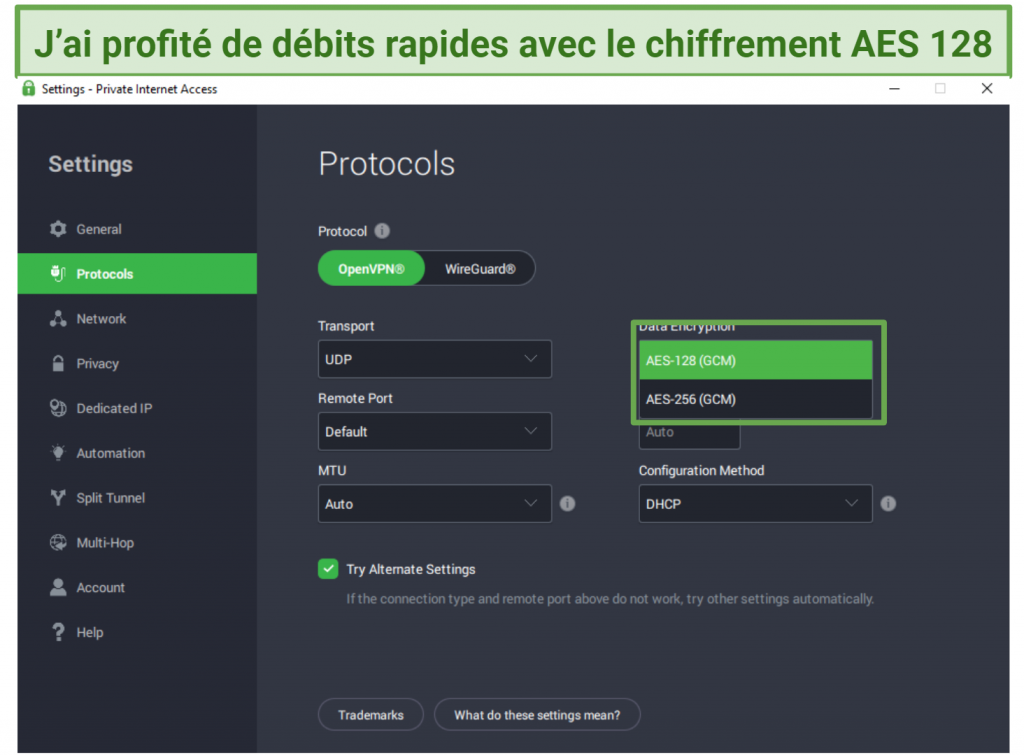 A screenshot showing PIA's encryption options.