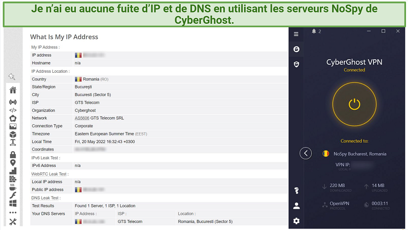 Screenshot of CyberGhost successfully passing an IP and DNS leak test.