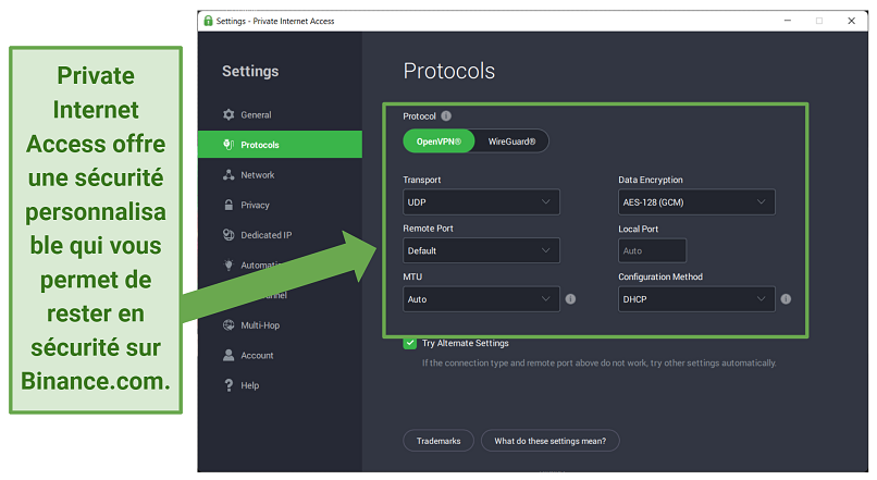 Screenshot of Private Internet Access' security settings.