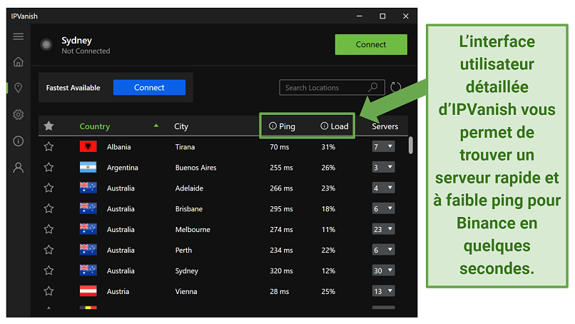 A screenshot of IPVanish's Server List tab on its Windows app