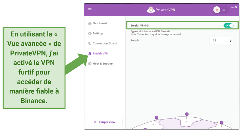 A screenshot of PrivateVPN's Advanced View on its Windows app showing the Stealth VPN feature enabled