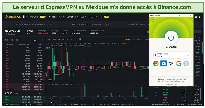 A screenshot of ExpressVPN's VPN's Mexico server successfully unblocking Binance