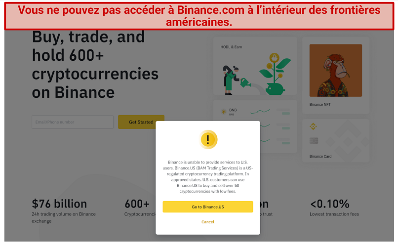 A screenshot of the notification that pops up when you try accessing Binance from the US