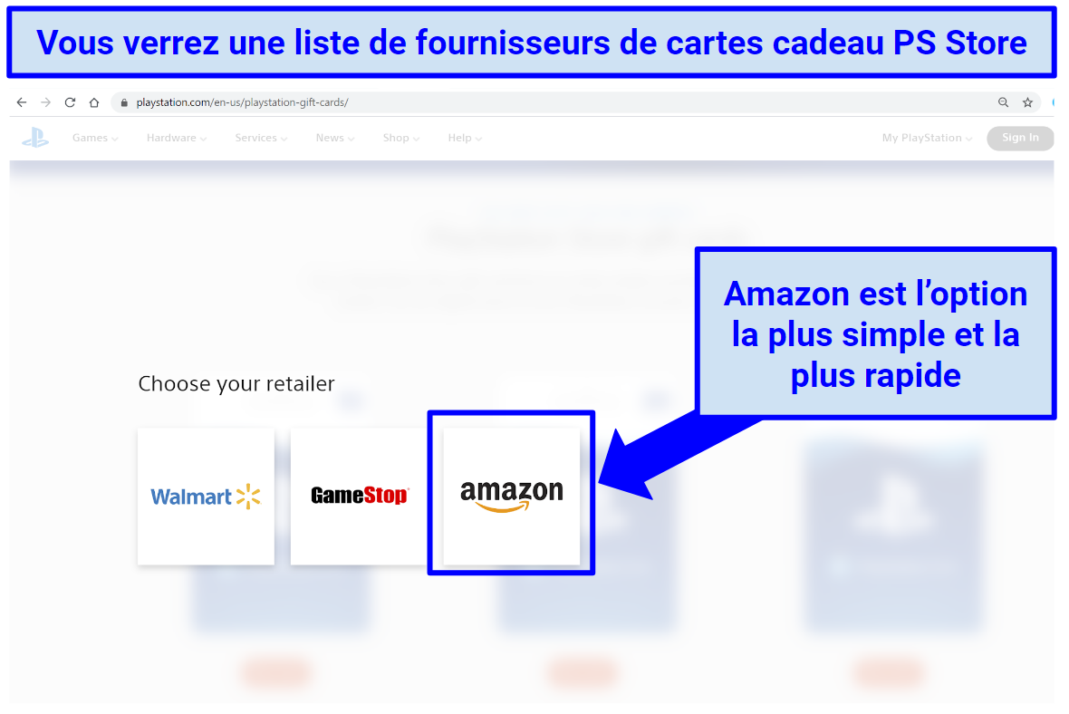 Screenshot of PlayStation Store Gift Card retailers: Amazon, GameStop, and Walmart