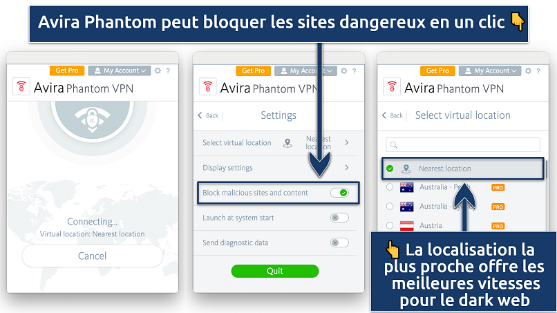 Screenshot showing the 3 interfaces of the Avira Phantom VPN app