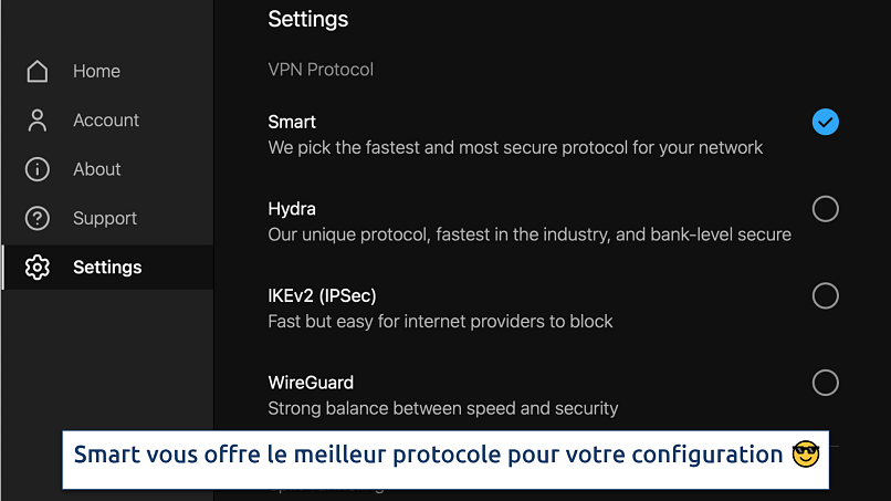 Screenshot showing the selection of protocols on the Hotspot Shield app