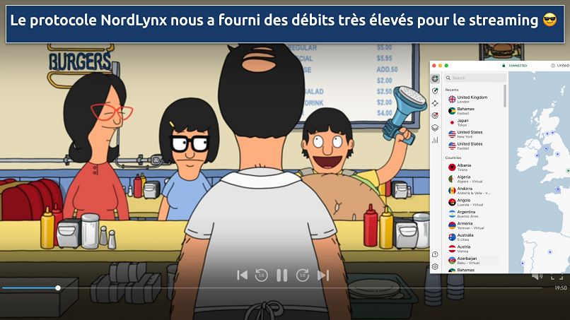 Screenshot of the NordVPN app over a browser streaming Disney+