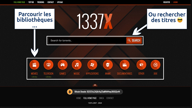 Screenshot of the 1337x home page