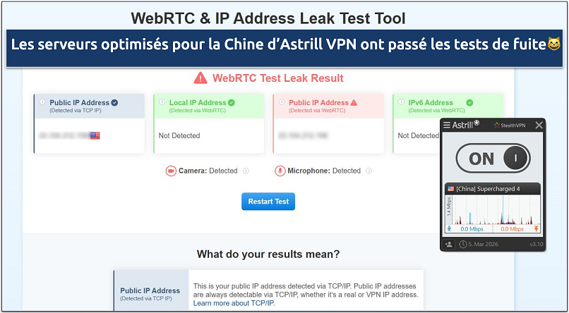 Screenshot showing Astrill VPN passed IP/DNS/WebRTC leak tests