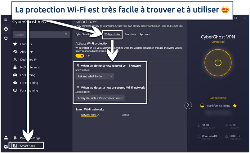 Screenshot of the CyberGhost app interface showing Smart rules