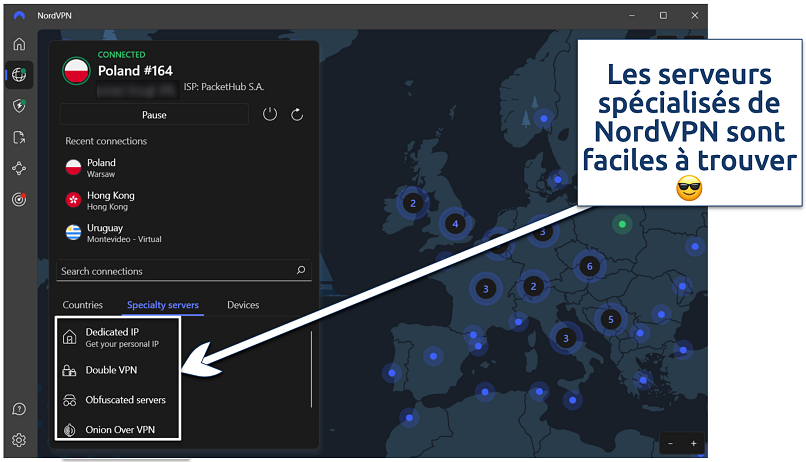 Screenshot of the NordVPN app showing its specialty servers