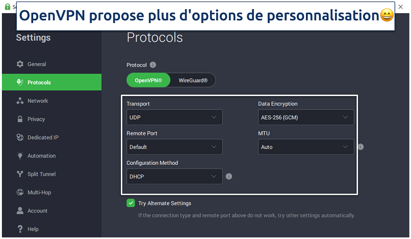 Screenshot of the PIA app showing some of the available customization options