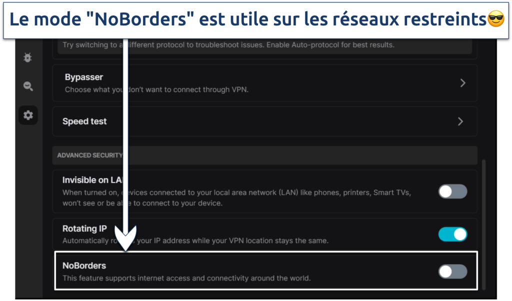 Screenshot showing VPN settings of Surfshark with NoBorders mode highlighted