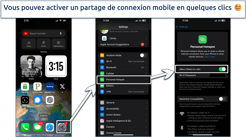 Screenshots showing how to activate a mobile hotspot on an iPhone