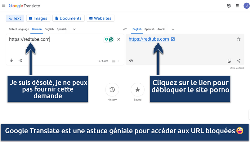 Screenshot showing the Google Translate interface typing in RedTube