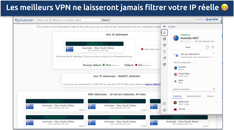 Capture d’écran de l’application Windows de NordVPN connectée au serveur Australie Sydney pendant que les tests de fuite sont effectués sur ipleak.net