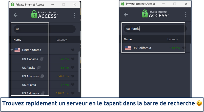 Capture d’écran de l’application Windows de Private Internet Access montrant comment utiliser la barre de recherche de serveurs