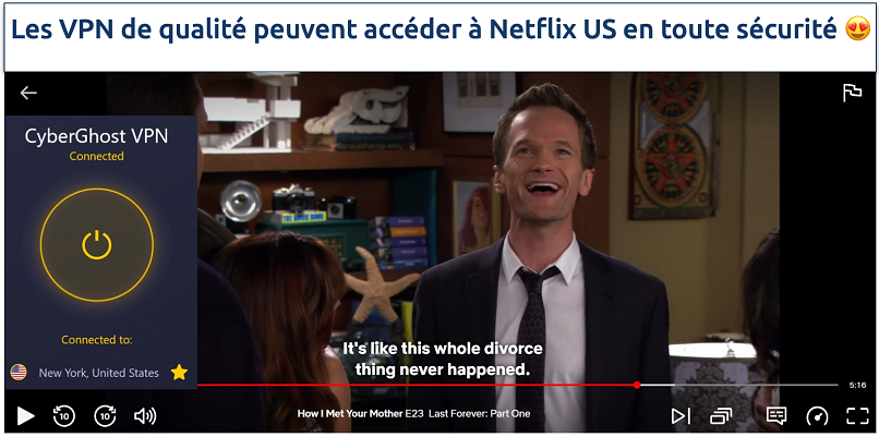 Capture d’écran de Netflix US diffusant How I Met Your Mother en étant connecté au serveur Netflix-optimizer de CyberGhost