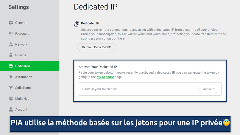 Capture d’écran montrant l’onglet IP dédiée sur l’application PIA
