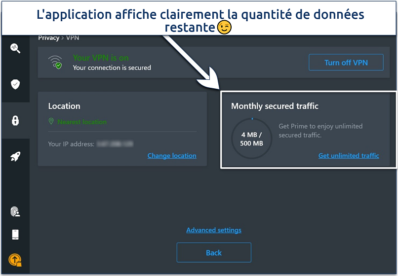 Screenshot of the Avira VPN Windows app with the Monthly secured traffic display