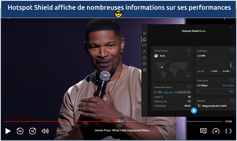 Screenshot of streaming Jamie Fox: What Had Happened Was... on Netflix while connected to Hotstpot Shield