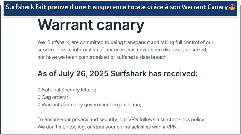 Screenshot of Surfshark's warrant canary