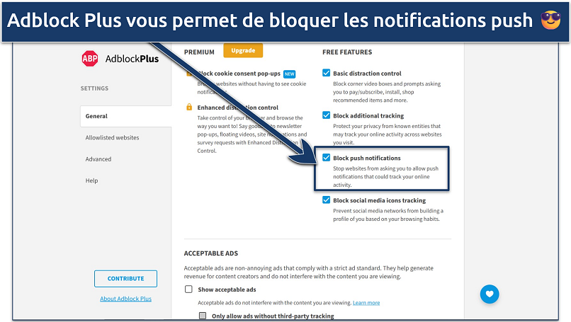 Image showing the Adblock Plus settings with one-click settings highlighted