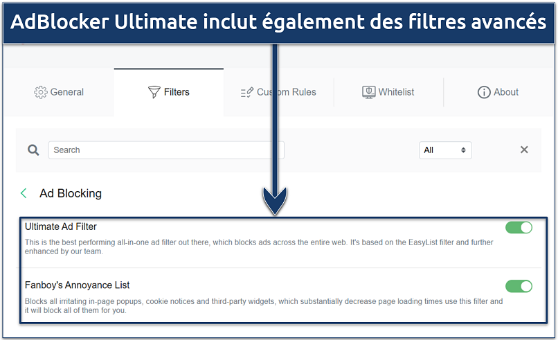 Image showing the ad-blocking filters of AdBlocker Ultimate