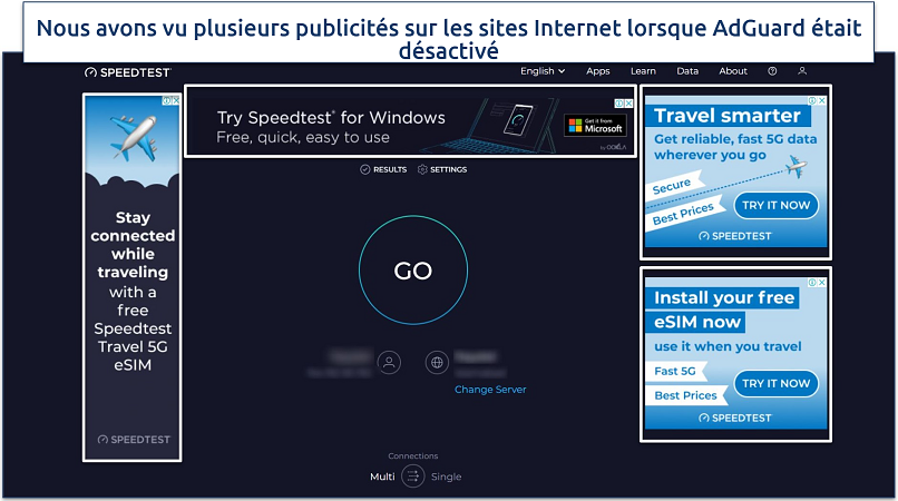 Image showing the speedtest by ookla website without adblocker