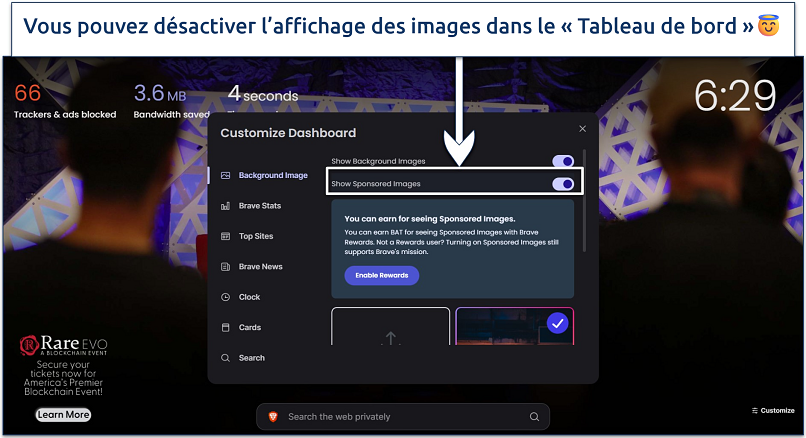Image of Brave's homescreen with dashboard settings opened