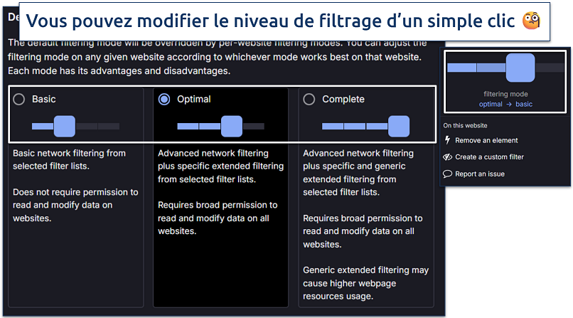 Image showing the settings as well as the extension interface with content filters highlighted