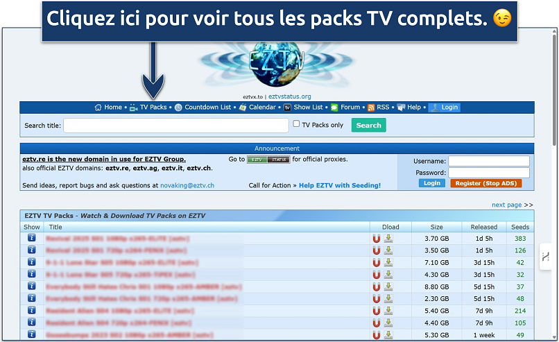 Screenshot of the TV Packs page on EZTV