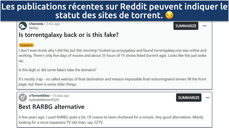 Screenshot of Reddit posts talking about TorrentGalaxy and RARBG
