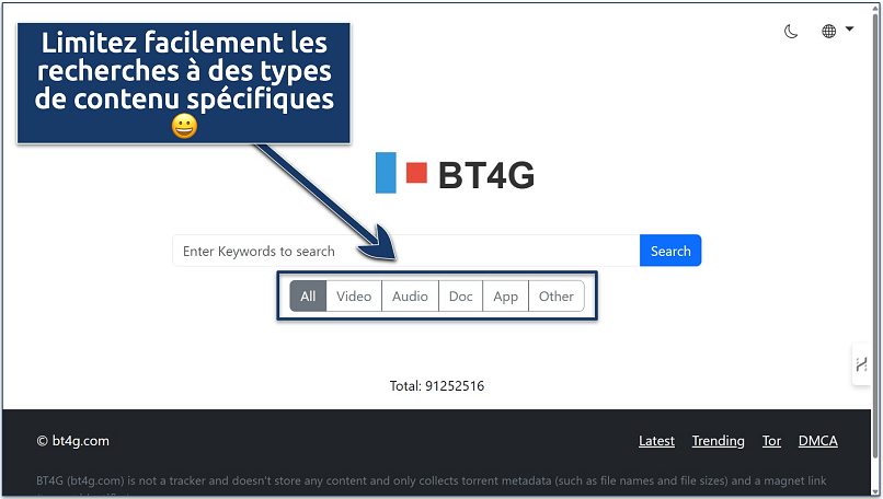 Screenshot of the BT4G home search page