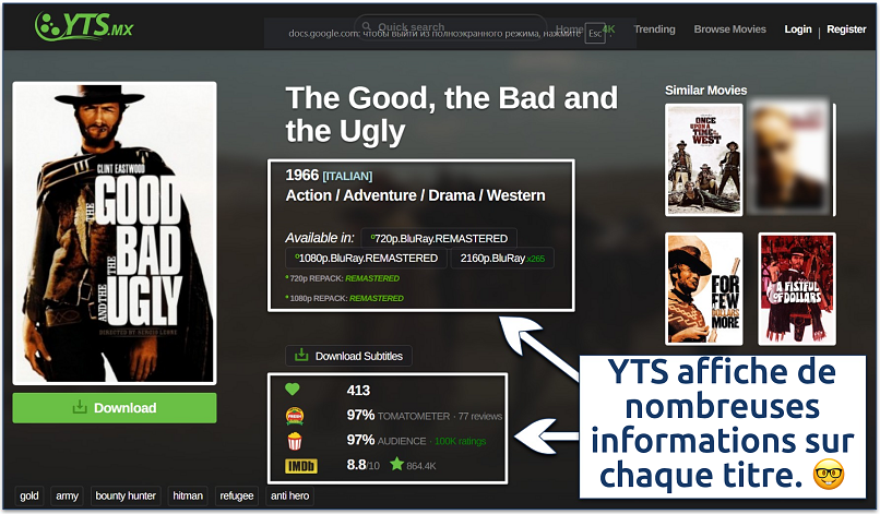 Screenshot of The Good The Bad and The Ugly title page on YTS