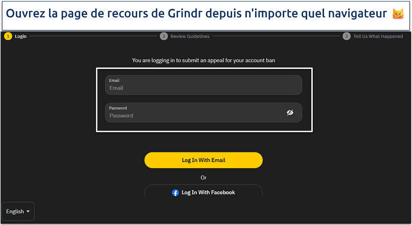 Image de la page de connexion pour Présenter un recours sur Grindr